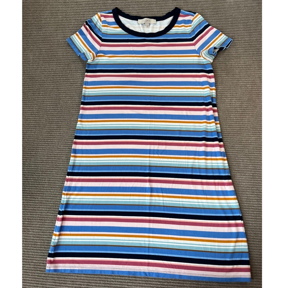 LOFT Womens Striped Short Sleeve T-Shirt Dress Multicolor Sze S Crew Neck Jersey